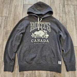 Roots Canada Hoodie Men XS Gray Pullover Logo Sweatshirt Beaver 1973 Graphic